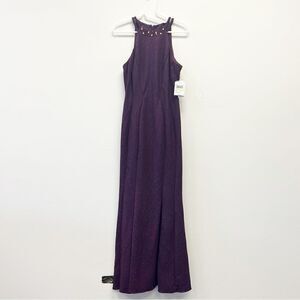 R & M Richards Nightway Glitter-Knit Gown, Size 4 Mulberry